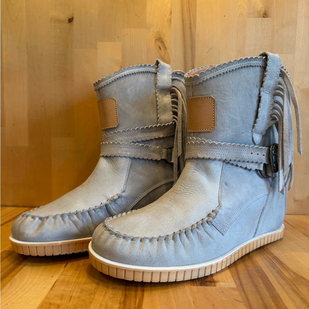 Dingo Sky Blue Moccasin Boots with Fringe